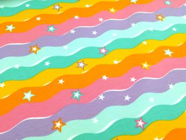 Reststück Baumwolljersey Regenbogen Wellen Sterne Pastell 80 x 150